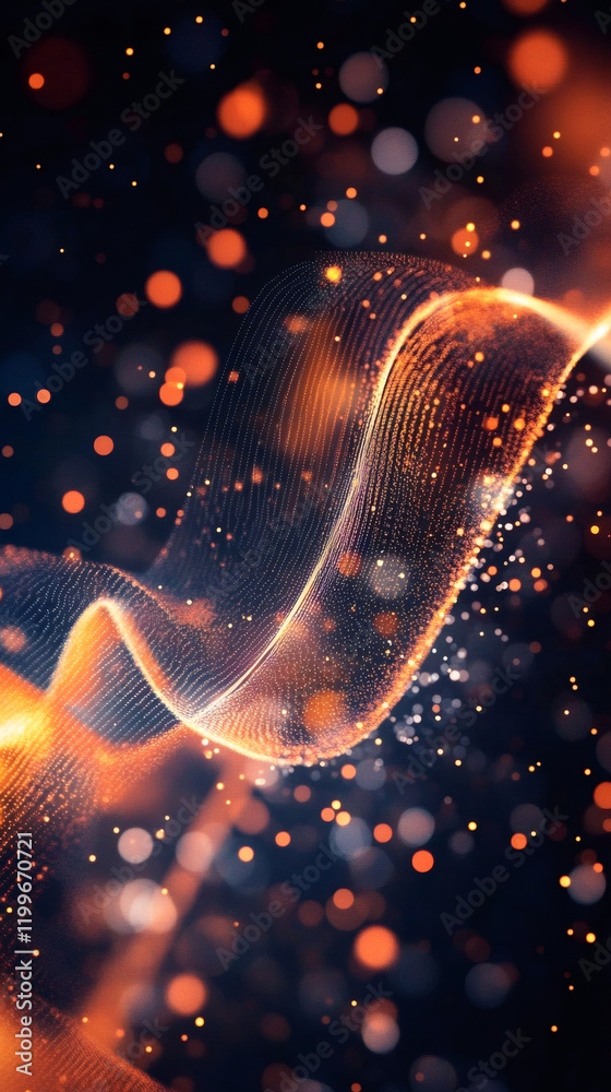 Aufkleber Luminous digital wave streaming with glittering particles, cascading across dark background with vibrant bokeh illumination
