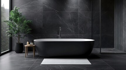 A modern bathroom with dark grey tiles, black marble walls, and an elegant bathtub, creating a luxurious atmosphere.