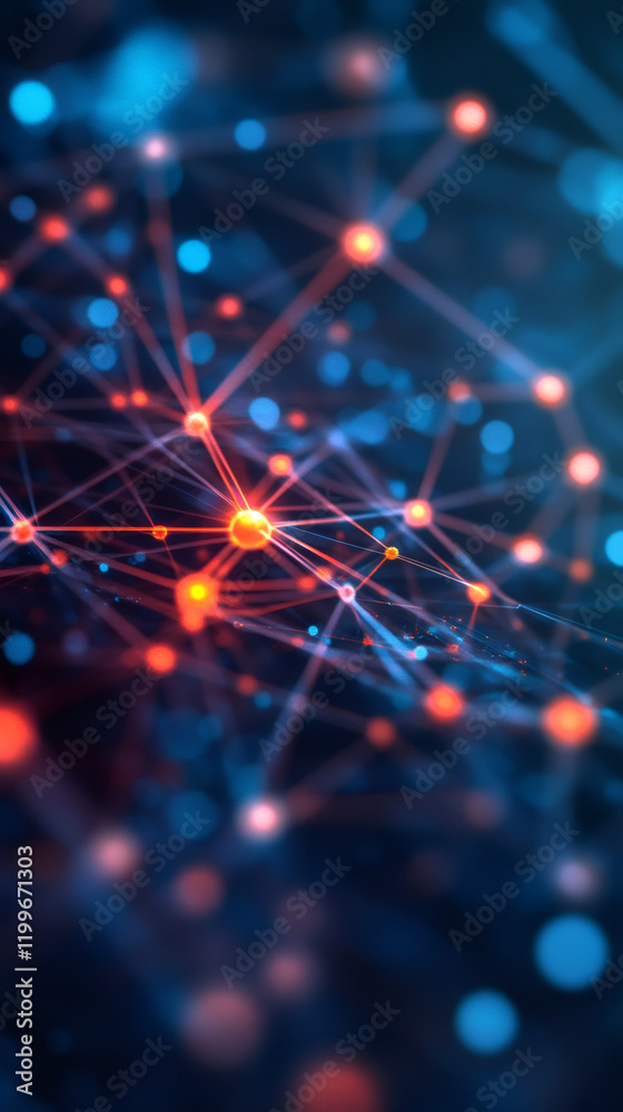 Poster Glowing network representing data flow, internet connections, or neural network activity, forming complex structure with nodes and lines
