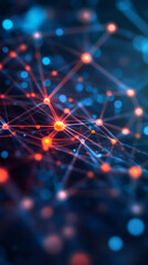 Fototapeta premium Glowing network representing data flow, internet connections, or neural network activity, forming complex structure with nodes and lines