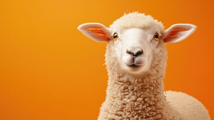Fototapeta premium A sheep with a joyful expression, standing against an orange background.
