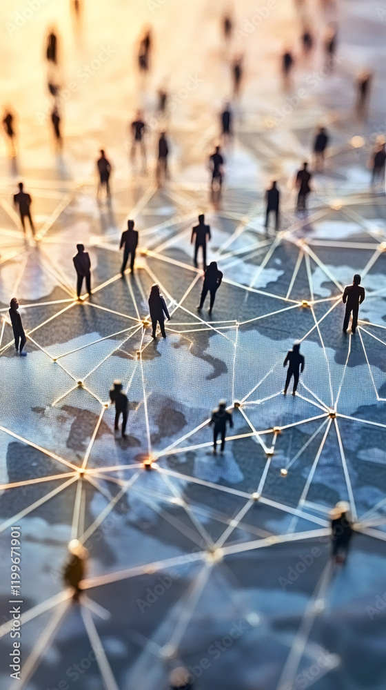 Aufkleber tiny business figurines networked across world map, representing global connectivity and internation