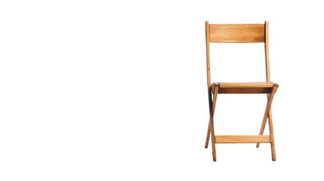 A minimalist wooden folding chair on a white isolated background, showcasing elegant design and practicality for any setting.