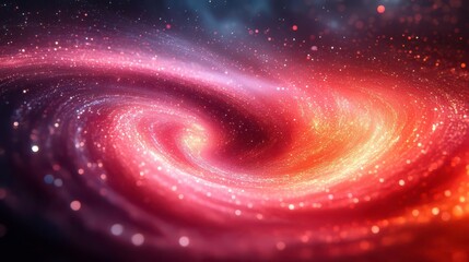 A vibrant, swirling galaxy with hues of red, pink, and purple, scattered with shimmering stars against a deep cosmic backdrop.