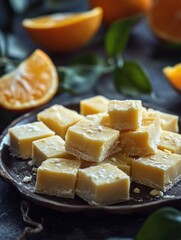 Close-up of candied orange peel on a dark surface with blurred leaves in the background. The candies are neatly stacked and appear to have natural citrus flavor.