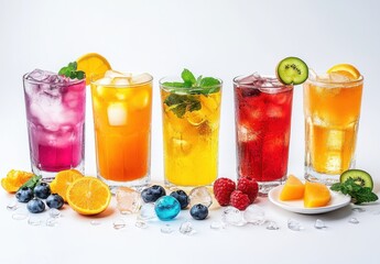 Colorful Assorted Cold Beverages with Ice, Fresh Fruit, and Mint Leaves on a White Background for Refreshing Summer Imagery