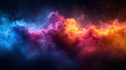 A vivid cosmic scene featuring swirling clouds of blue, purple, orange, and red, resembling a colorful nebula in the depths of space.