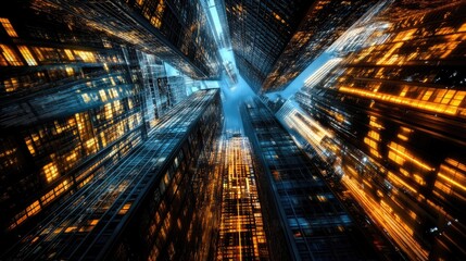 Abstract 2D shapes floating above a 3D urban landscape, vibrant and energetic, reflecting modern technology and design.