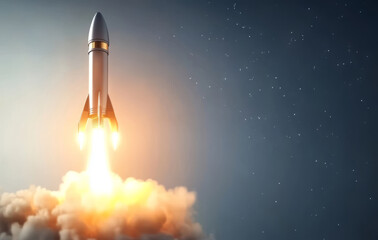 Rocket Launching into Space with Flames and Smoke Against a Starry Night Sky