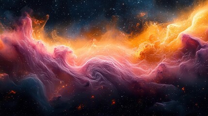 A vibrant cosmic scene showcasing swirling clouds of pink and orange gas against a starry backdrop, evoking the beauty of the universe.