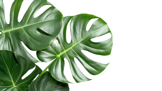 Monstera leaves, showcasing their distinctive cut edges and vibrant green color, on a white isolated background for elegant decoration.