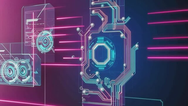 Cybernetic Core: Abstract digital art depicting a futuristic circuit board with glowing neon pink and blue lines, intricate details and a central octagonal core.