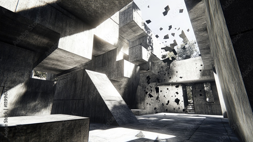 Poster abstract architecture with multiple layers and angles, creating a sense of depth and dynamic energy.