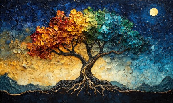 Rainbow tree, moonlit night, textured paint.