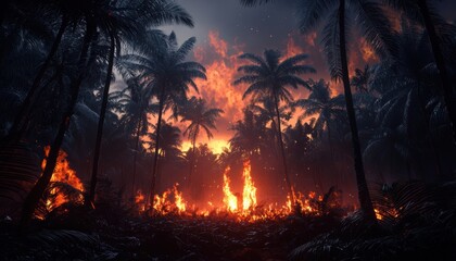 Jungle scene drenched in fiery light, sparks cascading from unseen flames, conveying tension and the volatile fury of untamed wilderness