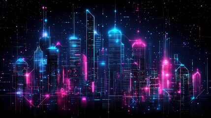 A vibrant, futuristic city skyline illuminated with neon lights against a dark background, showcasing a blend of technology and urban aesthetics.