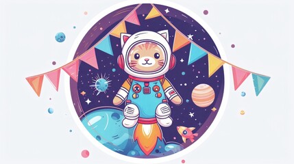 Fototapeta premium Cute Astronaut Cat in Spacesuit Decorates Space