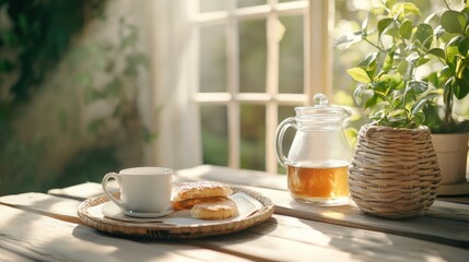Obraz premium Cozy Morning Scene with Tea, Cookies, and Potted Plant by Window