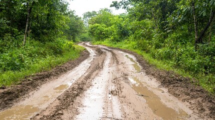 Fototapeta premium Muddy trails and scenic adventures. Winding muddy road through lush greenery after rain.