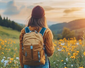 Woman hiker with backpack enjoying sunset in wildflower meadow.