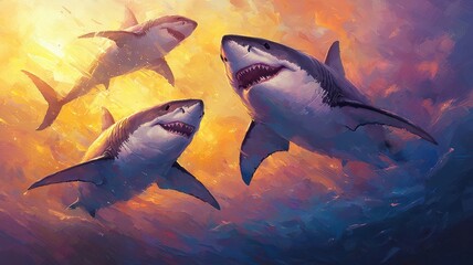 Obraz premium Three sharks swimming in vibrant ocean waters.