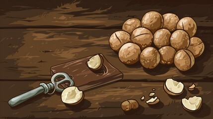 Macadamia Nuts and Metal Key on Wooden Background for Opening, Professional Food Photography