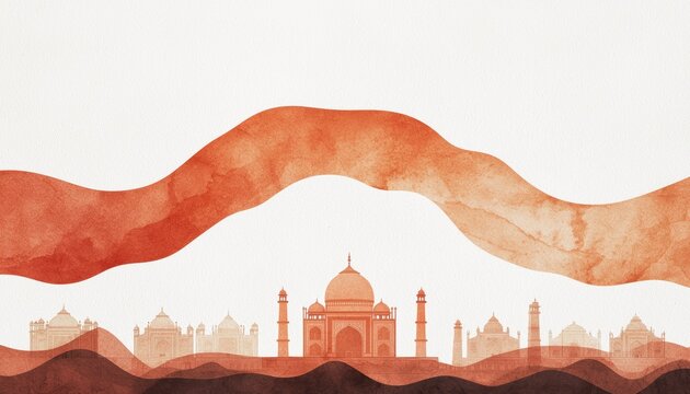 The Indian flag waving above a collection of national monuments, including the Taj Mahal and India Gate, symbolizing patriotism and diversity