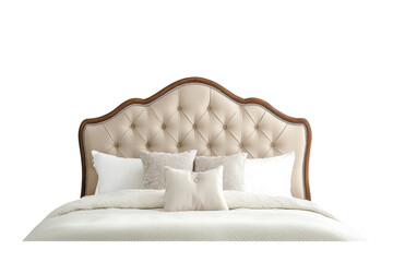 Obraz premium Elegant upholstered headboard designed with tufted detailing and wooden accents for a stylish bedroom decor isolated on transparent background