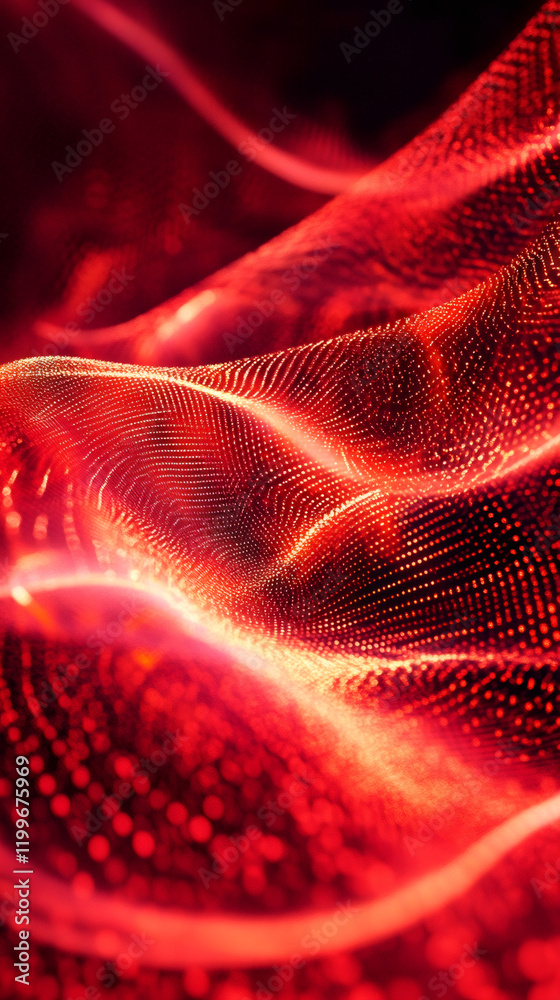 Poster Digital red particle wave surging through virtual network, representing technological connectivity and data flow