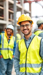 A man in a yellow vest is smiling for the camera