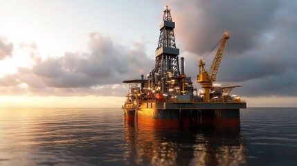 Offshore oil rig under sunset sky in calm ocean waters, showcasing equipment and industrial operation