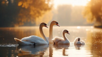 Fototapeta premium Serene Swan Family at Golden Hour