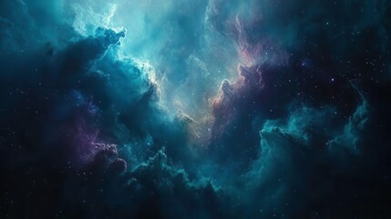 Fototapeta premium A mesmerizing cosmic scene filled with swirling clouds of blue, purple, and hints of light, evoking the vastness and beauty of outer space.