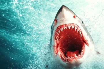 Fototapeta premium A fierce shark breaching the surface of water.
