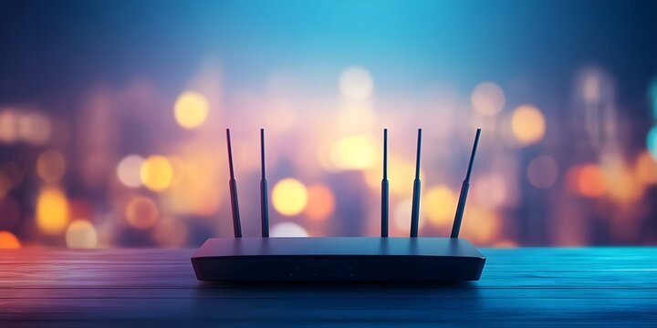 A modern Wi-Fi router with multiple antennas set against a blurred city skyline background. Concept Wi-Fi Router Design, Urban Technology, Modern Connectivity, Antenna Functionality