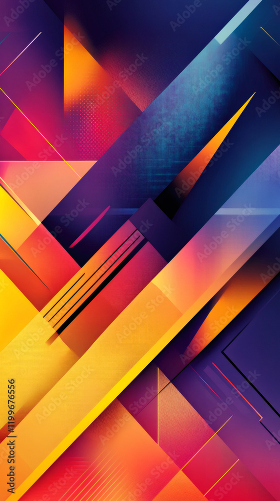 Poster Geometric forms intersecting, generating vivid abstract pattern with bold color palette, representing contemporary graphic design aesthetic