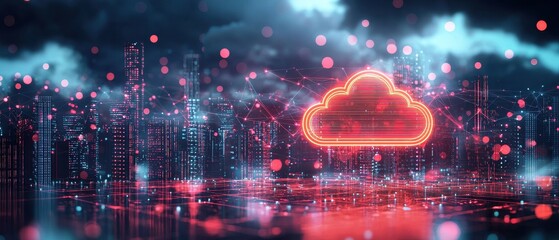 Glowing Cloud Icon Illuminates Urban Skyline Digital Art Futuristic Environment Cityscape Abstract Concept