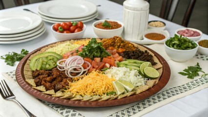 Alambre platter with various toppings and garnishes arranged artfully on a table setting, vibrant colors, centerpiece decor, alambre spread, appetizing meal