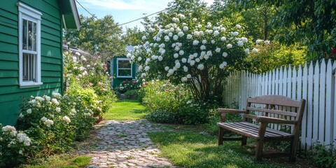 Vintage garden pathway with a white picket fence, green house, and blooming roses. Perfect for real estate, gardening, and nostalgic outdoor settings.