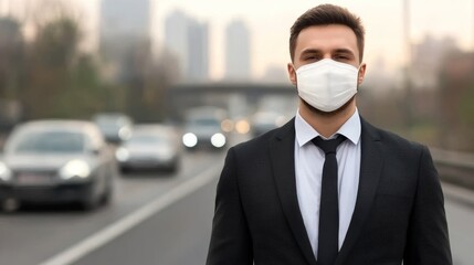 Man in Formal Suit Wearing Face Mask on Busy Urban Road with Blurred Traffic and City Background