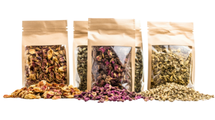 Variety of dried herbal teas in transparent bags arranged attractively, highlighting the natural colors and textures against a white background.