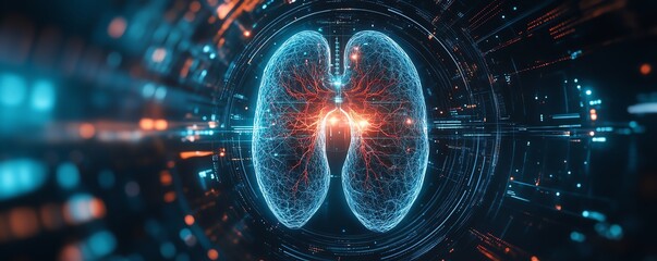 Obraz premium Futuristic digital illustration of lungs, intricate vein network, and holographic interface, combining biology and digital innovation in a hightech style