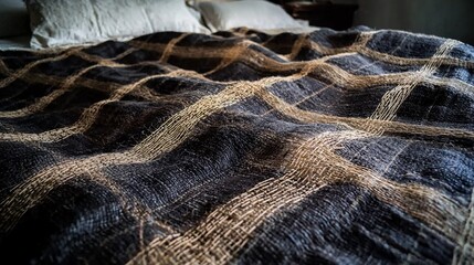 shot of a plaid textile, showing the intersecting lines and carefully woven pattern in the fabric. Close-up, pattern, details, textiles 