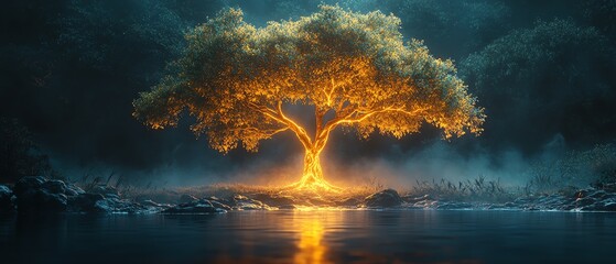 Fototapeta premium Glowing tree alone in a dark forest at night, its light standing out in the darkness, surrounded by mist, creating a dreamlike, mystical landscape