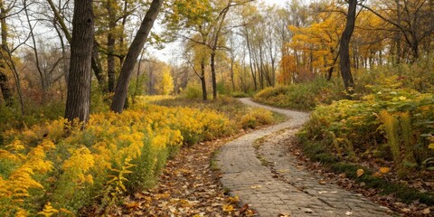 Obraz premium Amber hues of goldenrod and rodent-shaped seed pods line the winding path through the autumnal woods where fallen leaves create a soft rustling carpet, autumnal colors, autumn leaves, forest floor