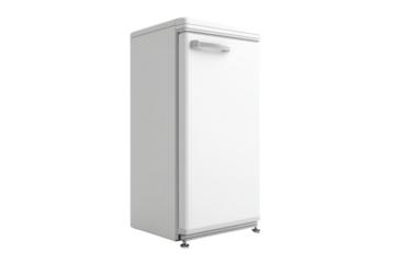 Modern white refrigerator standing upright in a bright kitchen setting with minimalistic design and clean lines isolated on transparent background