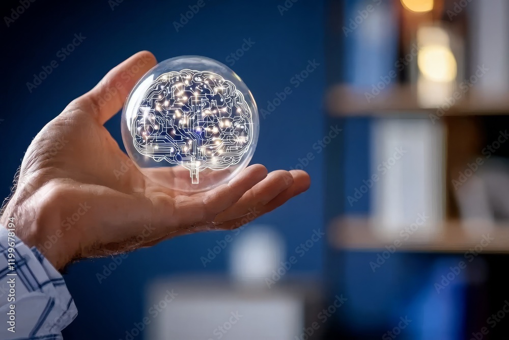 Poster a hand holding a transparent brain model with circuitry displaying technology and innovation concept