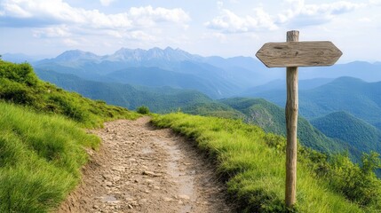 Muddy trails and scenic adventures. Scenic mountain trail with a directional wooden signpost.