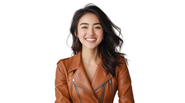A cheerful young woman with long hair smiles warmly, wearing a stylish brown leather jacket, perfect for conveying happiness and confidence.