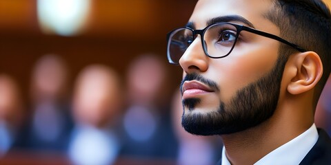 Fototapeta premium A young man with glasses and a beard, looking thoughtfully, possibly in a formal or courtroom setting with blurred figures behind him. Concept Young Man with Glasses, Thoughtful Expression